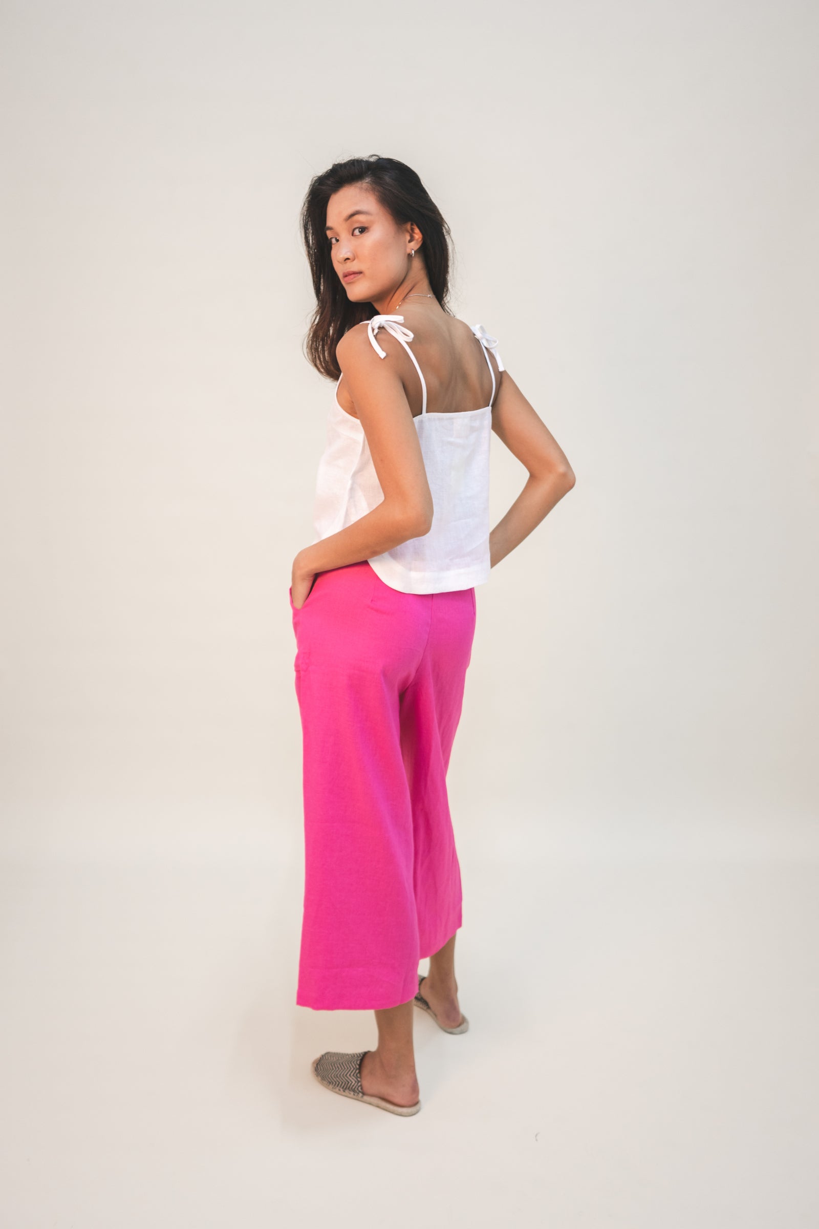 High Waist Baker Linen Pants - Fuschia Pink